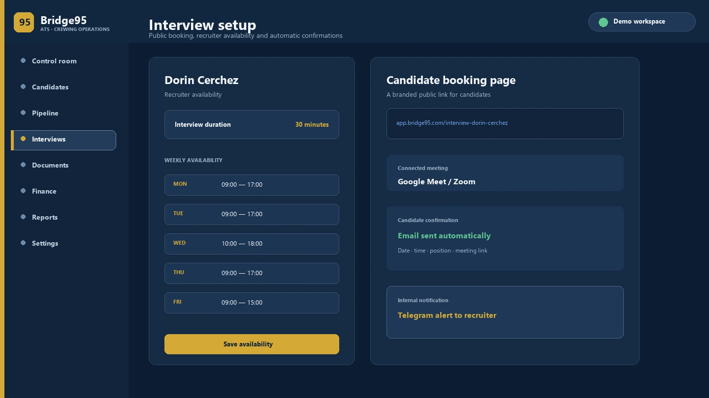 Bridge95 interview setup with recruiter availability and public candidate booking page
