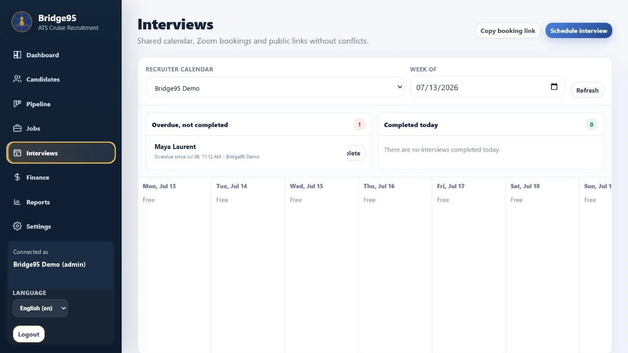 Recruiter interview calendar with fictional bookings