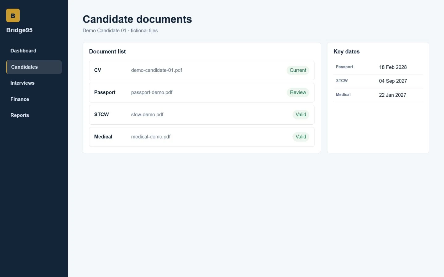 Bridge95 document tracking mockup with fictional files