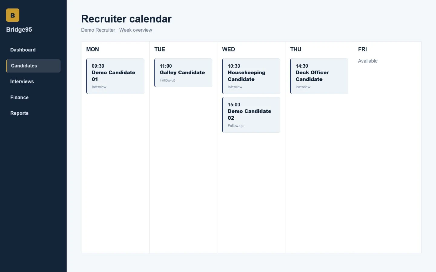 Bridge95 recruiter interview calendar with fictional bookings